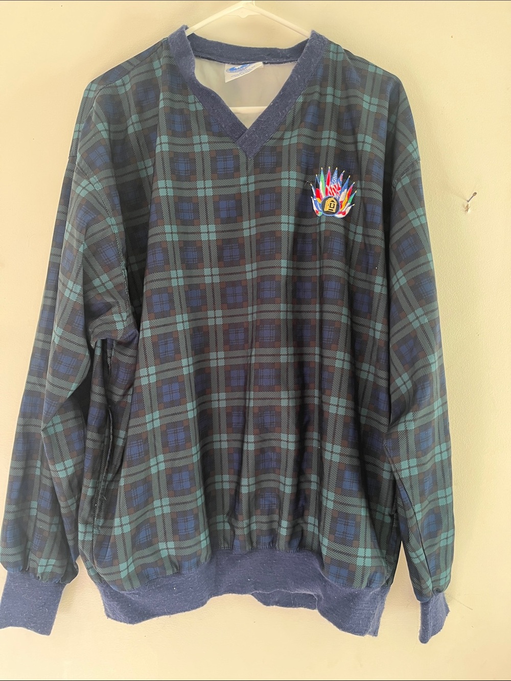 Plaid V-Neck Men’s windbreaker pullover plaid preppy golf  - Green & Navy
